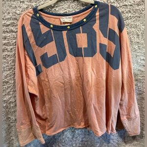 Free People Peach and Navy Long Sleeve Tee